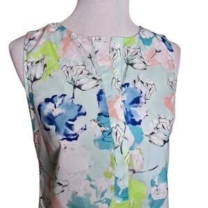 Talbots Floral Sleeveless Blouse Blue Green Abstract Petal Print Top Size 2